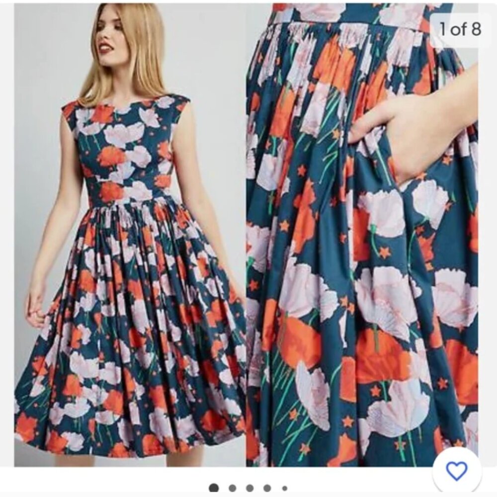 Modcloth Fabulous Fit and Flare navy floral sleeveless dress